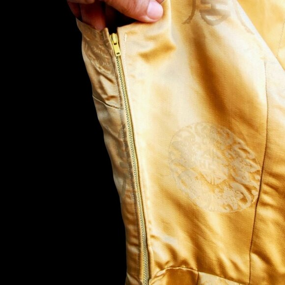 1950s Pin Up Wiggle Dress 10 Curvy Gold Chinese Brocade Rockabilly 25" Waist - Picture 9 of 10